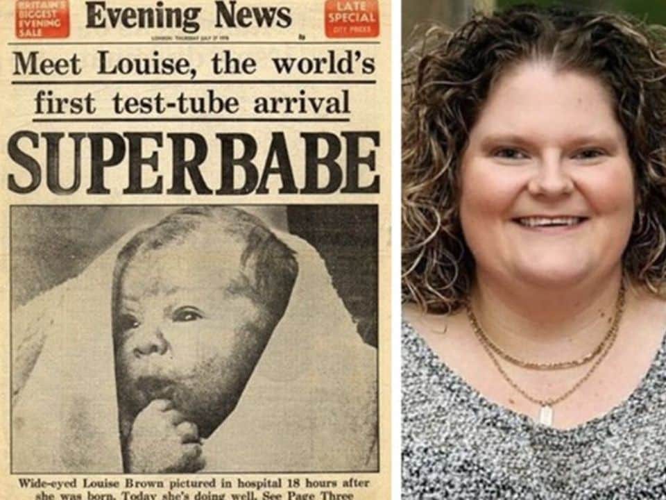 Portada del Evening News de 1978 sobre Louise Brown, primer bebé por FIV, junto a una foto actual de ella