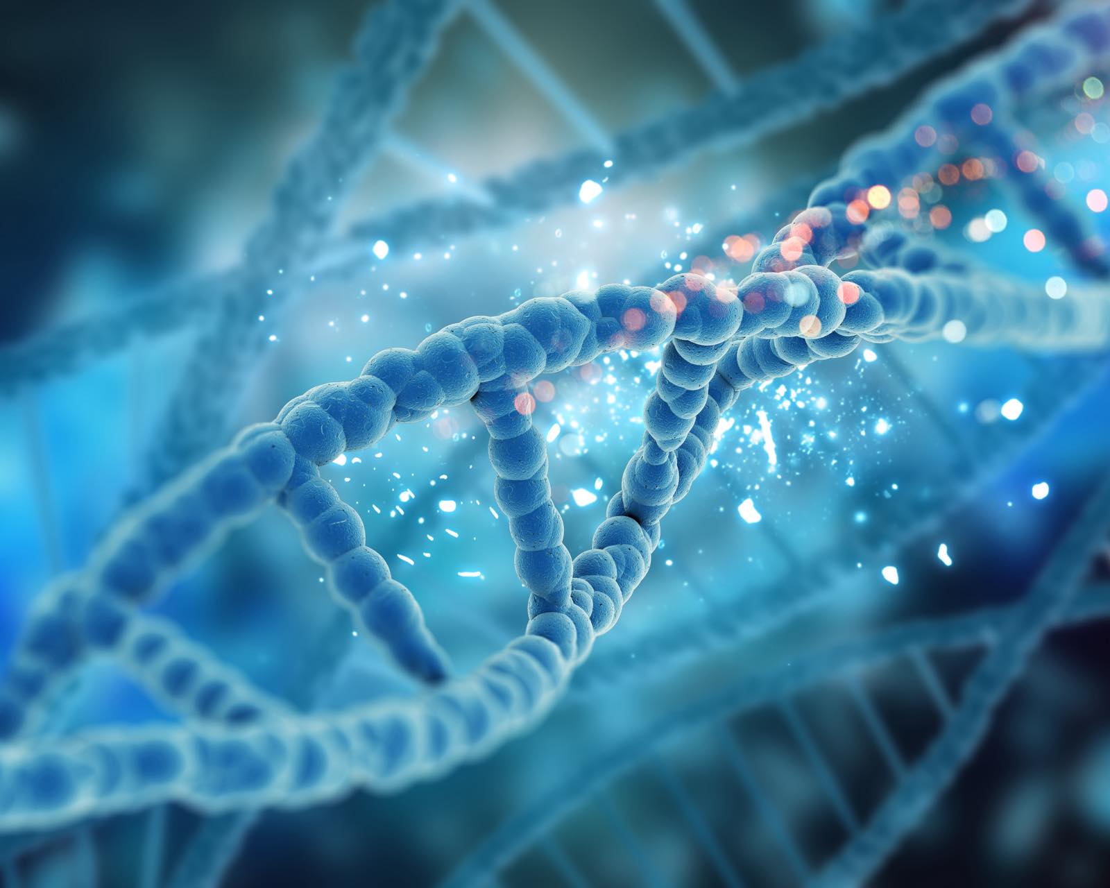 Representación de una cadena de ADN en tonos azules, con puntos de luz que ilustran cómo el entorno modifica la expresión de los genes
