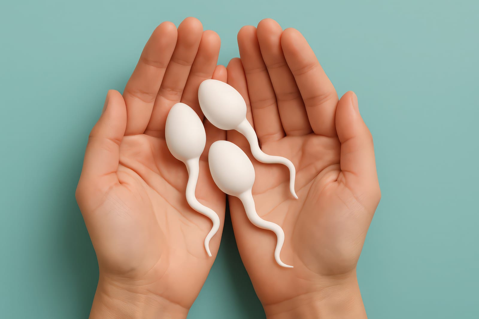 Manos sostienen figuras de espermatozoides, representación de la fertilidad masculina