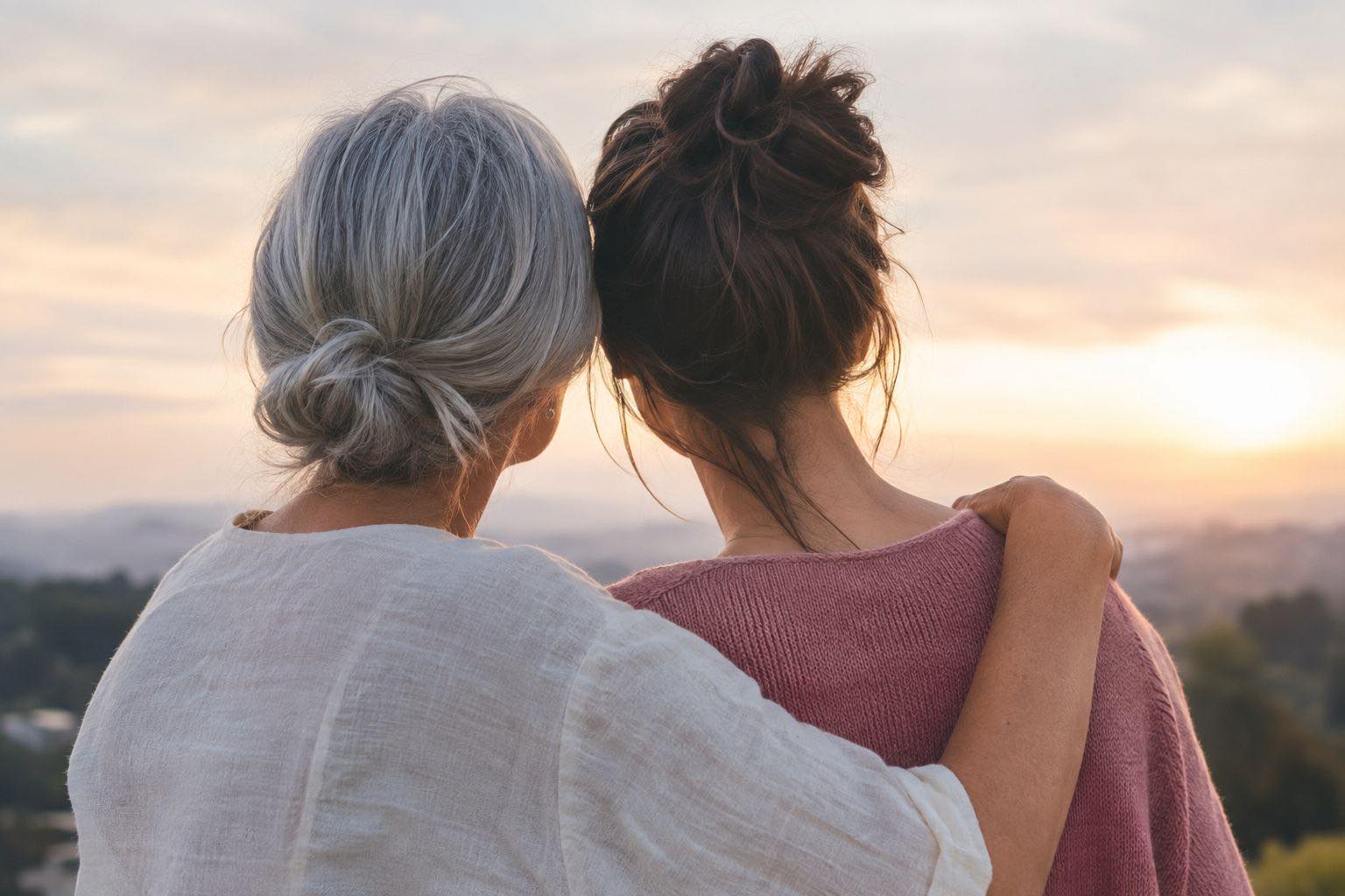 Una mujer mayor y su hija abrazadas, de espaldas, mirando el atardecer