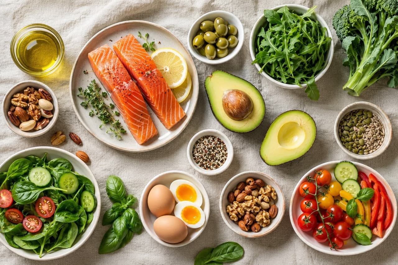 Alimentos de una dieta cetogénica: salmón, aguacate, huevo, verduras de hoja verde, frutos secos y aceite de oliva, base de la intervención nutricional que corrigió la resistencia a la insulina