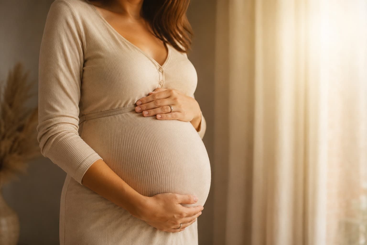 Mujer embarazada sostiene su vientre con luz cálida, el resultado del caso: un bebé sano nacido en la semana 39