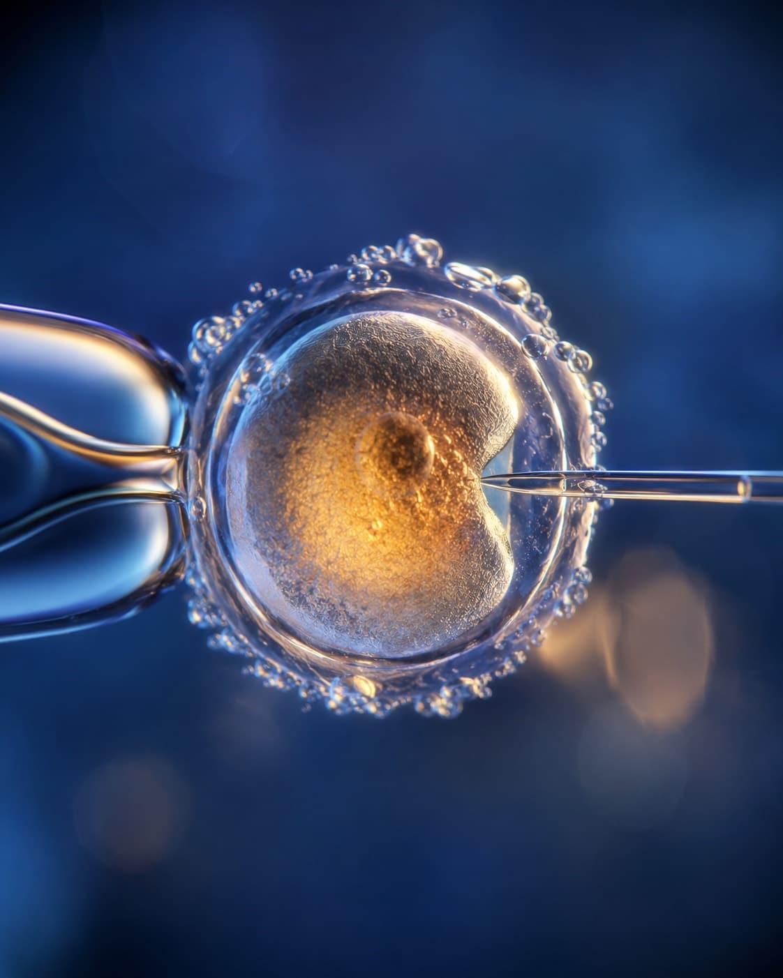 Óvulo humano bajo el microscopio durante una microinyección, parte del caso clínico de TripleMed® de Ingenes