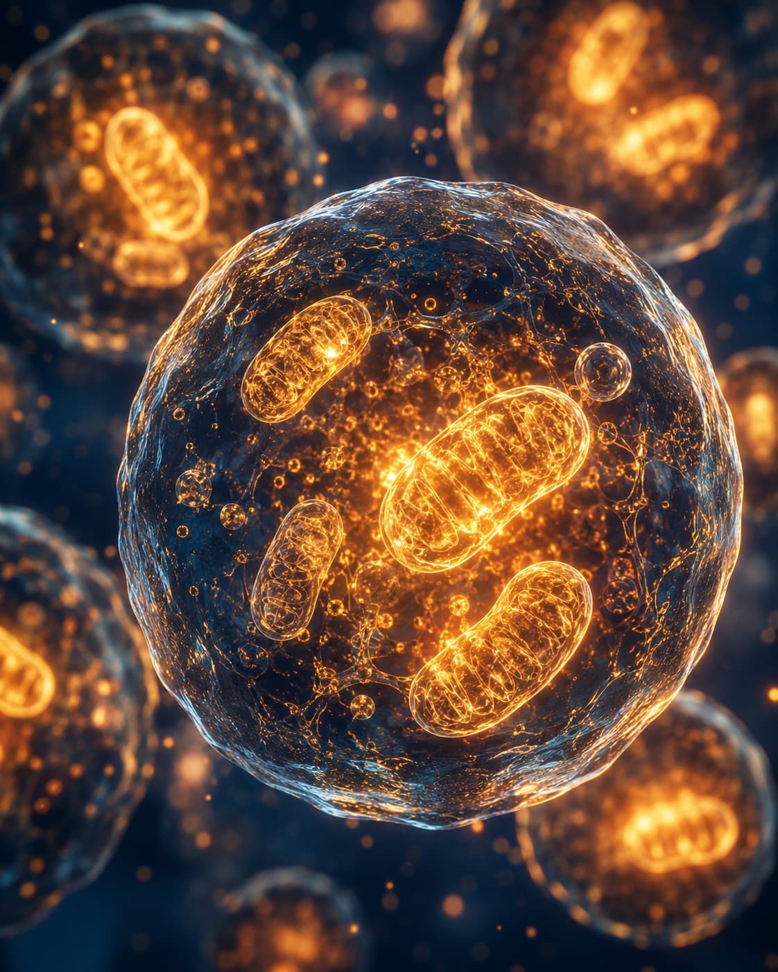 Representación de la energía celular y las mitocondrias, el centro del metabolismo que evalúa la Medicina Metabólica de Ingenes